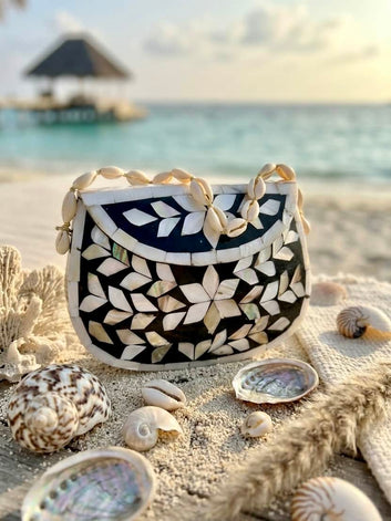 Boho Handcrafted Mother of Pearl Cowrie Statement Sling Clutch