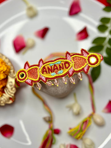 Personalized Handcrafted Name Rakhi with Beads, Resham Thread & Mirror Work With Roli-Chawal