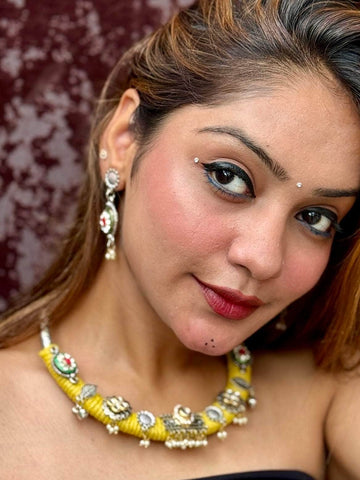 Yellow Kundan Studded Handwoven Jute Hasli Jewellery Set