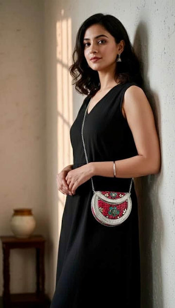 Red Women Silver Plated Mosaic Work Clutch