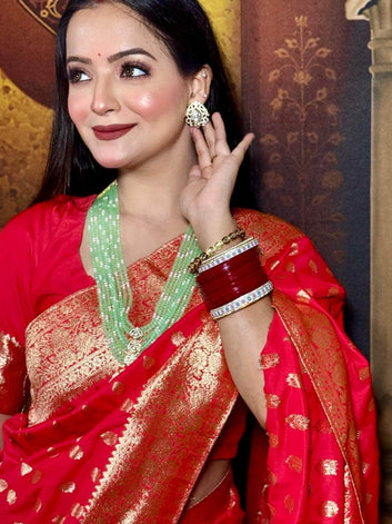 Nazakat Antique Gold-Plated Lime Green & White Onyx AD Studded Handcrafted Jewellery Set