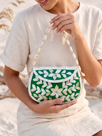 Boho Handcrafted Mother of Pearl Cowrie Statement Sling Clutch - Green