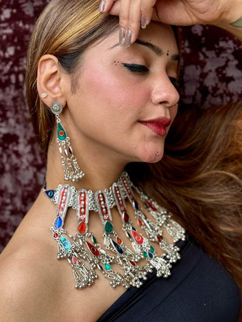 Navratri Special Multi Colored Handcrafted Meenakari Work Afghan Tasselled Design Oxidised Choker Jewellery Set