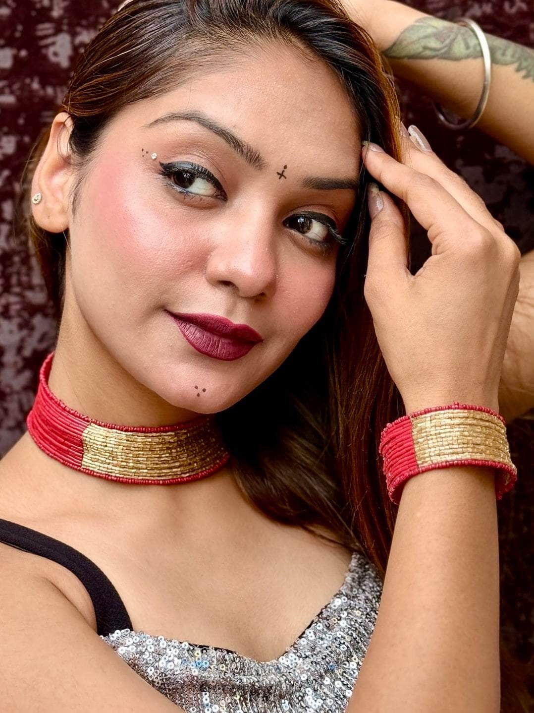 Red Handcrafted Beaded Chokar & Bracelet Jewellery Set