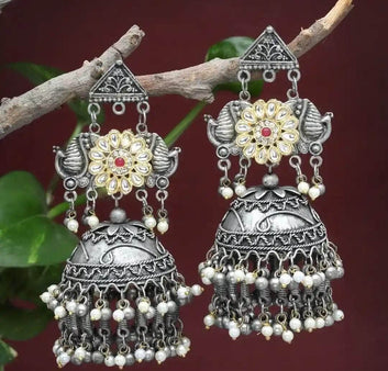 Navratri Special Boho Banjara Oxidised Silver Plated Handcrafted Chandelier Jhumkas
