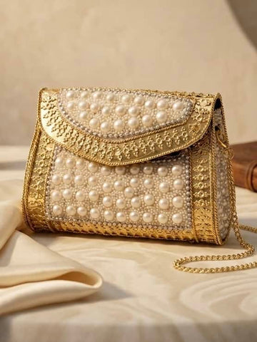 Gold Plated Pearl Studded Handcrafted Statement Clutch