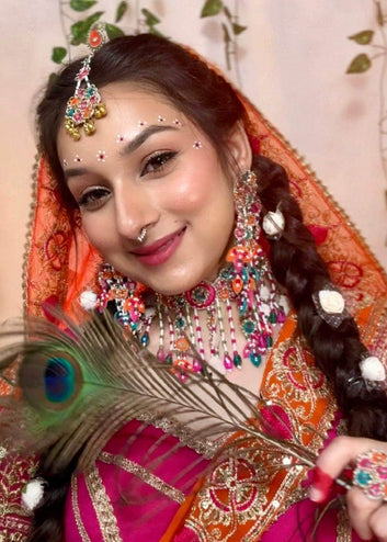 Madhuri -  Handcrafted Multi Color Haldi Mehndi Mirror Studded Bridal Set With Resham, Dabka and Pearls detailing