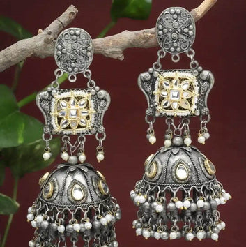 Navratri Special Boho Banjara Oxidised Silver Plated Handcrafted Chandelier Jhumkas