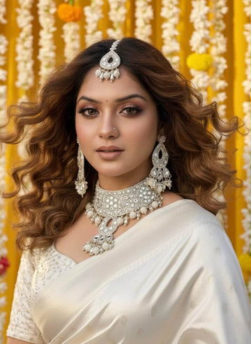 Rangrez -  Handcrafted White & Silver Color Haldi Mehndi Bridal Set With Resham, Dabka and Pearls detailing