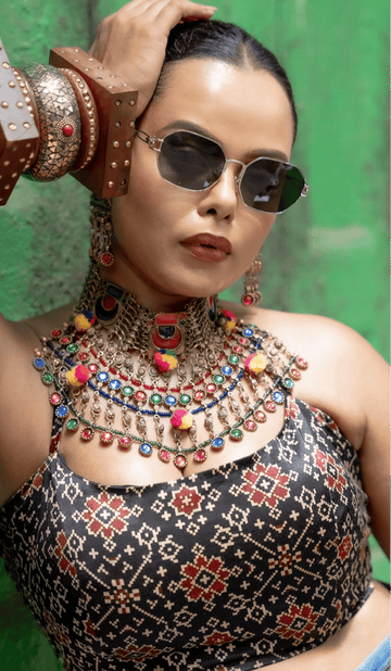Heer Meenakari Work Afghan Tribal Design Oxidised Golden Plated Handcrafted POM POM Jewellery Set