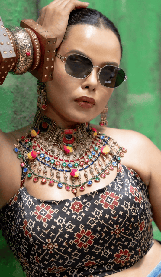 Heer Meenakari Work Afghan Tribal Design Oxidised Golden Plated Handcrafted POM POM Jewellery Set