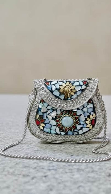 Women Silver Plated Mosaic Work Clutch