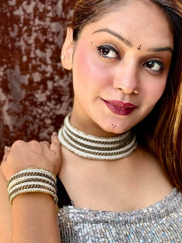 White Handcrafted Beaded Chokar & Bracelet Jewellery Set