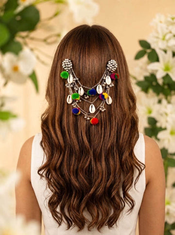 Cowri & Pompom Studded Ghungroo Silver Plated Women Hair Accessory Set