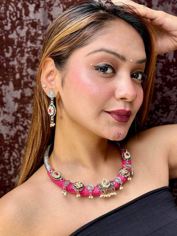 Pink Kundan Studded Handwoven Jute Hasli Jewellery Set