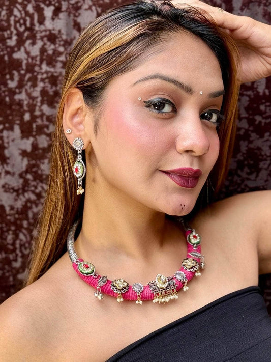 Pink Kundan Studded Handwoven Jute Hasli Jewellery Set