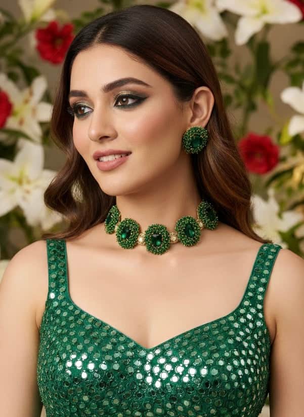Mogra Noor – Emerald Green Crystal Studded Handcrafted Mogra Beaded Chokar Jewellery Set