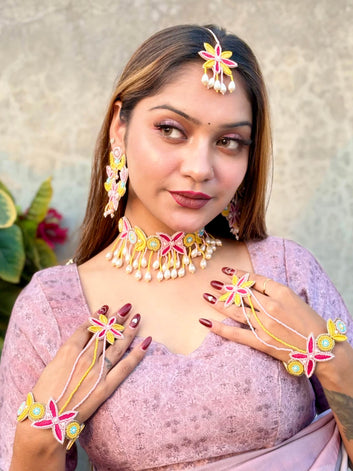 Yellow & Rani Handcrafted Haldi-Mehendi Contemporary Design Combo Jewellery Set