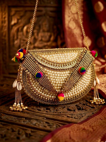 Gulabo Pearl Studded Handcrafted Brass Oxidised Gold Clutch
