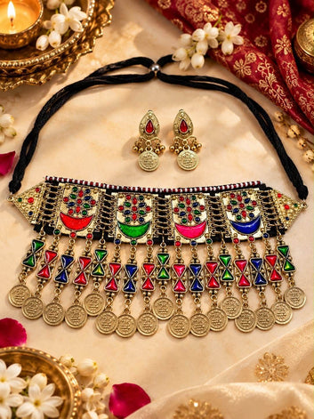 Pakiza Multi Color Meenakari Handcrafted Oxidised Gold Plated Afghan Jewellery Set