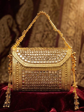 Swarn Mahal Gold Plated Kundan Studded Ghungroo Tasselled Clutch