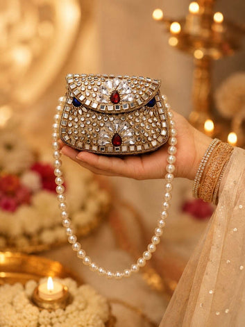 Regal Pearl Handle Kundan Studded Statement Clutch