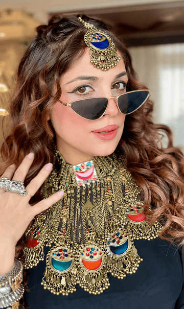 Kiara Meenakari Work Afghan Tribal Design Oxidised Gold Plated Handcrafted Necklace With Maangtika