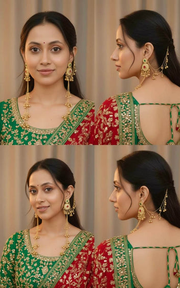 Rani & Green Kashmiri Gold Plated Brass Earrings With Kanchain