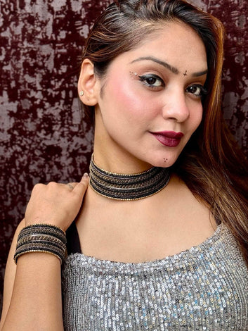 Black Handcrafted Beaded Chokar & Bracelet Jewellery Set
