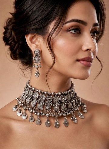 Tara Oxidised Silver-Plated Tribal Filligree Temple Handcrafted Jewellery Set