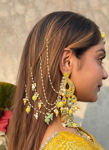 Rangrez -  Handcrafted Yellow & Green Color Haldi Mehndi Bridal Set With Resham, Dabka and Pearls detailing