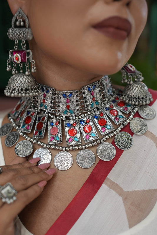 Navratri Special Multi Colored Handcrafted Meenakari Oxidised Coin Choker With Jhumki Jewellery Set