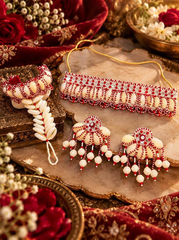 Surma – Red Handcrafted Cowri Studded Beaded Combo Jewellery Set