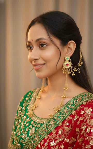 Rani & Green Kashmiri Gold Plated Brass Earrings With Kanchain