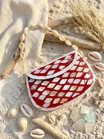 Boho Handcrafted Mother of Pearl Cowrie Statement Sling Clutch - Red