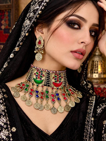Pakiza Multi Color Meenakari Handcrafted Oxidised Gold Plated Afghan Jewellery Set