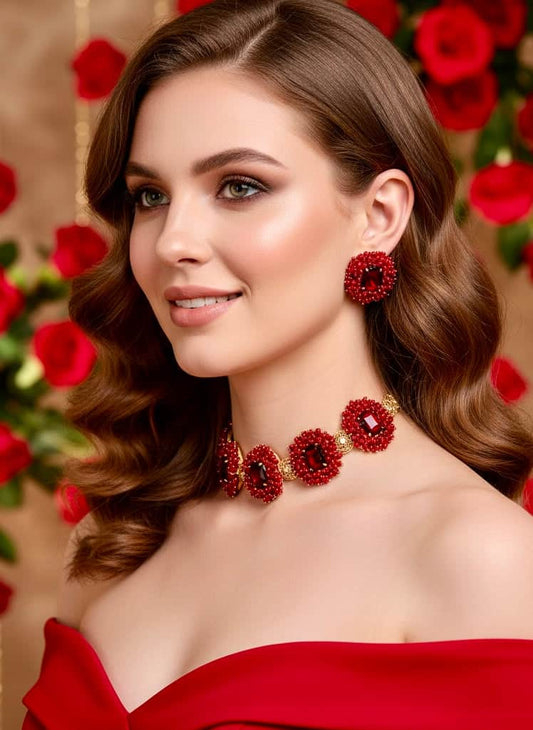 Mogra Noor – Red Crystal Studded Handcrafted Mogra Beaded Chokar Jewellery Set