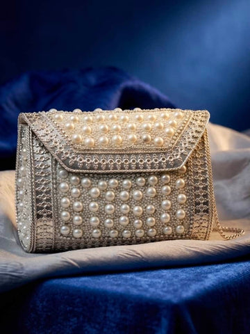 Silver Plated Pearl Studded Handcrafted Statement Clutch