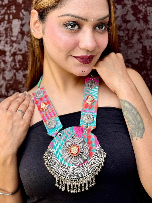 Turquoise Color Kundan Studded Hand Crafted Fabric Afghan Necklace
