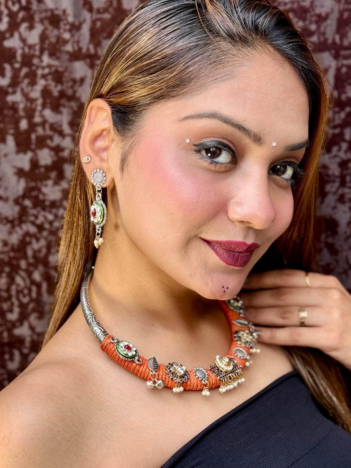 Orange Kundan Studded Handwoven Jute Hasli Jewellery Set