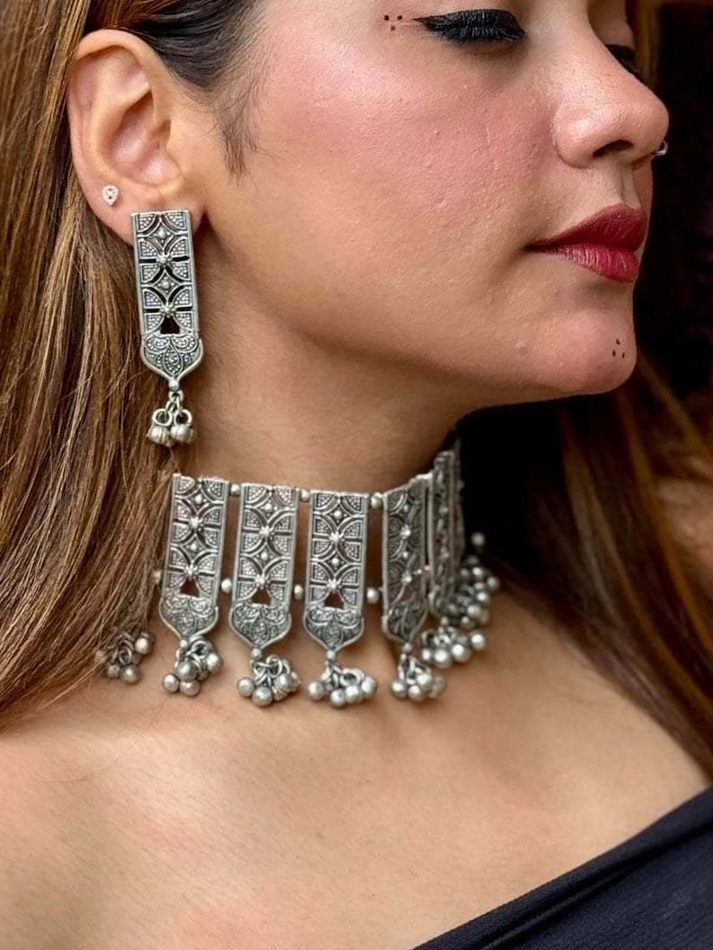 Navratri Special Oxidised Silver-Plated Temple Chokar Jewellery Set