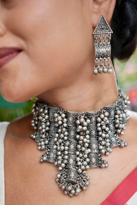 Navratri Special Oxidised Silver-Plated Multi Layer Temple Chokar Jewellery Set