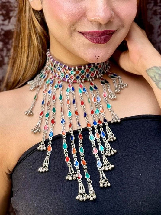 Multicoloured Silver-Plated Meenakari Necklace
