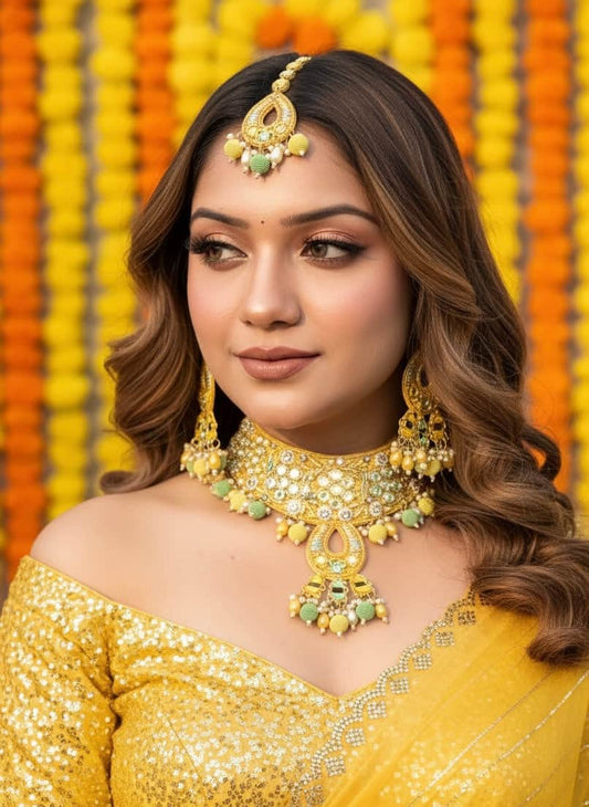 Rangrez -  Handcrafted Yellow & Green Color Haldi Mehndi Bridal Set With Resham, Dabka and Pearls detailing