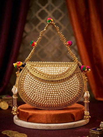 Gulabo Pearl Studded Handcrafted Brass Oxidised Gold Clutch