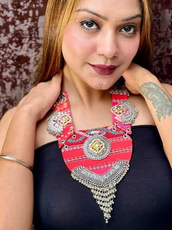 Pink Color Navratri Special Hand Crafted Fabric Afghan Necklace