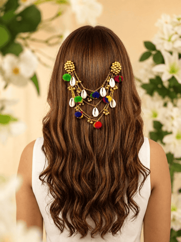 Cowri & Pompom Studded Ghungroo Gold Plated Women Hair Accessory Set