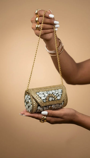 Women Gold Plated Mosaic Work Clutch