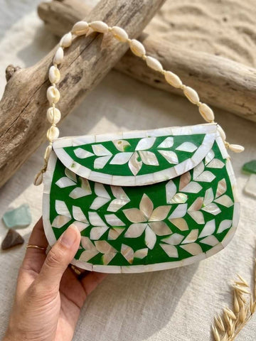 Boho Handcrafted Mother of Pearl Cowrie Statement Sling Clutch - Green