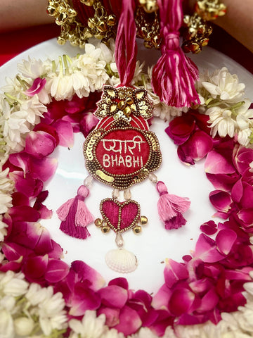 Handcrafted Pyari Bhabhi With  Heart Latkan Lumba Rakhi With Roli-Chawal